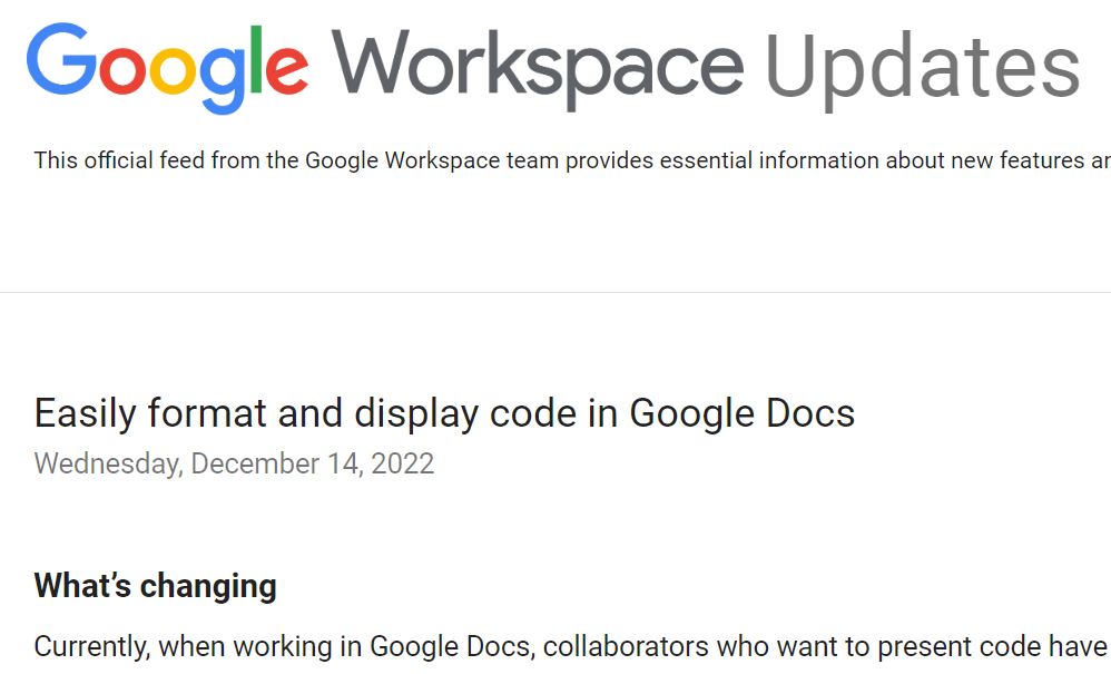 「Google ドキュメント」にソースコードを美しく整形・色分け表示する機能が追加