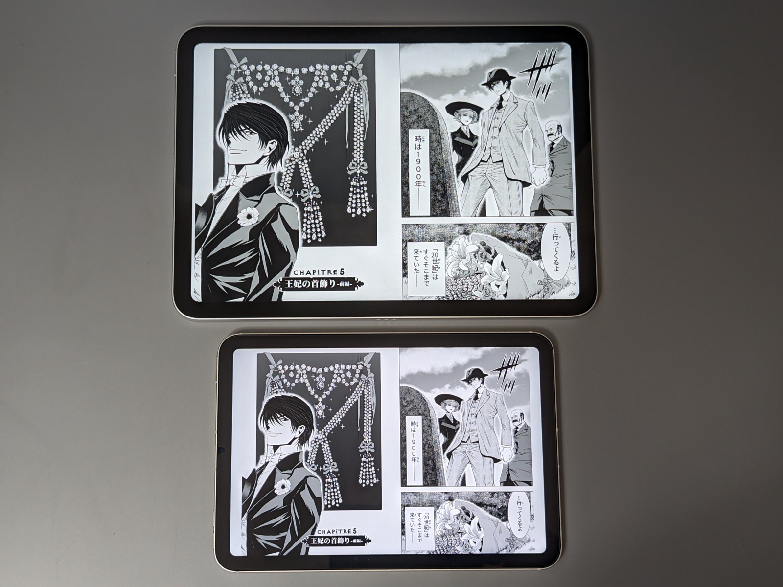 上が「iPad」（10.9型）、下が「iPad mini」（8.3型）。サイズの差はかなりある