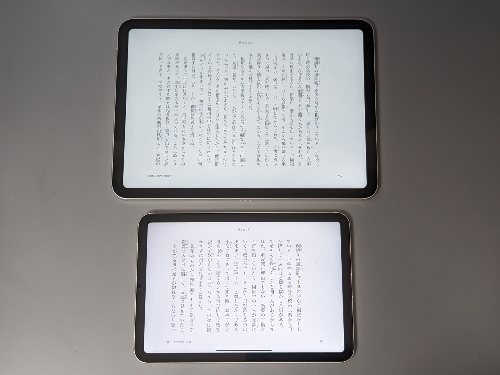 テキスト本は文字サイズを見やすく調節できるので、画面サイズのハンデは特にない。むしろ「iPad」（上）は、1画面に表示できる文字数が多すぎて落ち着かないことも