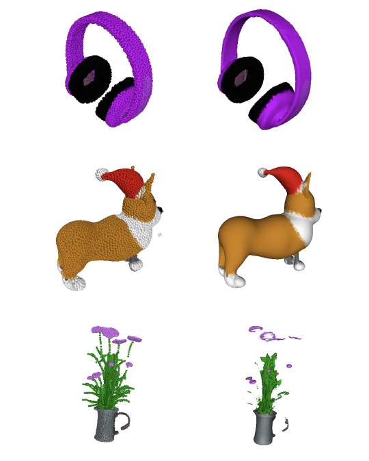 点群からメッシュへの変換。おおむねうまくいくが、細かい部分は解釈がうまくいかずゆがんだり、欠落することもある