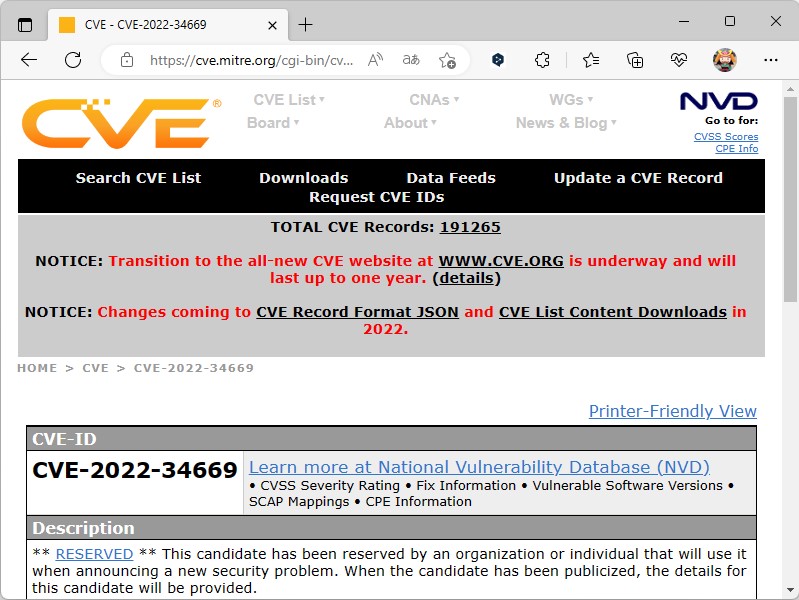 「cve.mitre.org」に掲載されている脆弱性（CVE番号）の詳細情報ページ