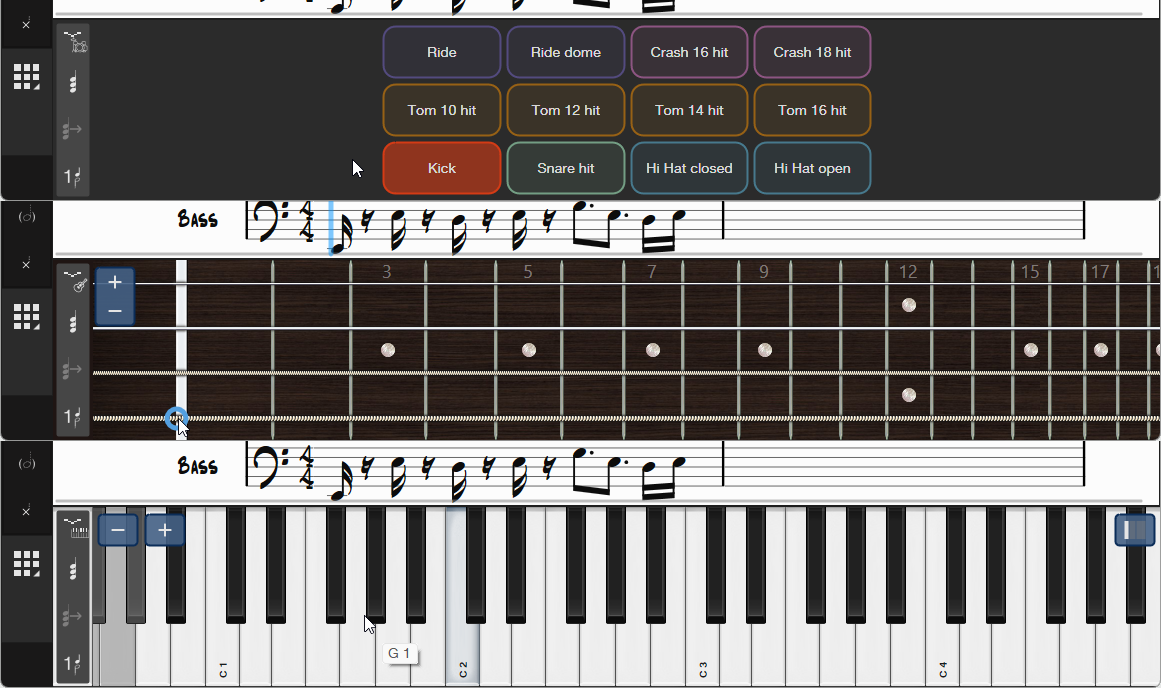 ピアノ鍵盤・ギターのフレット・サンプラー風のパッドを切り替え可能