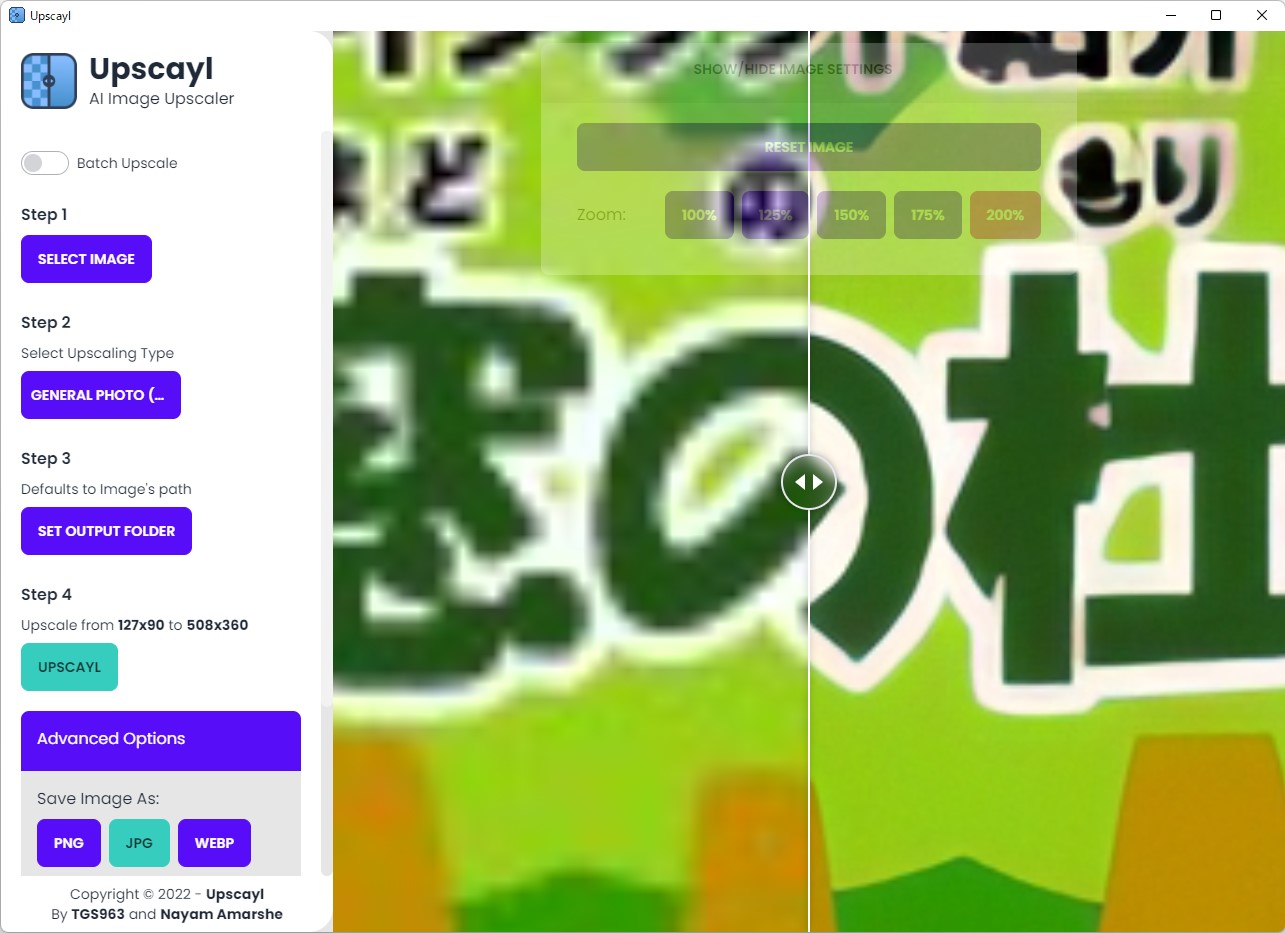 200％拡大表示でオリジナルとアップスケール画像を比べる