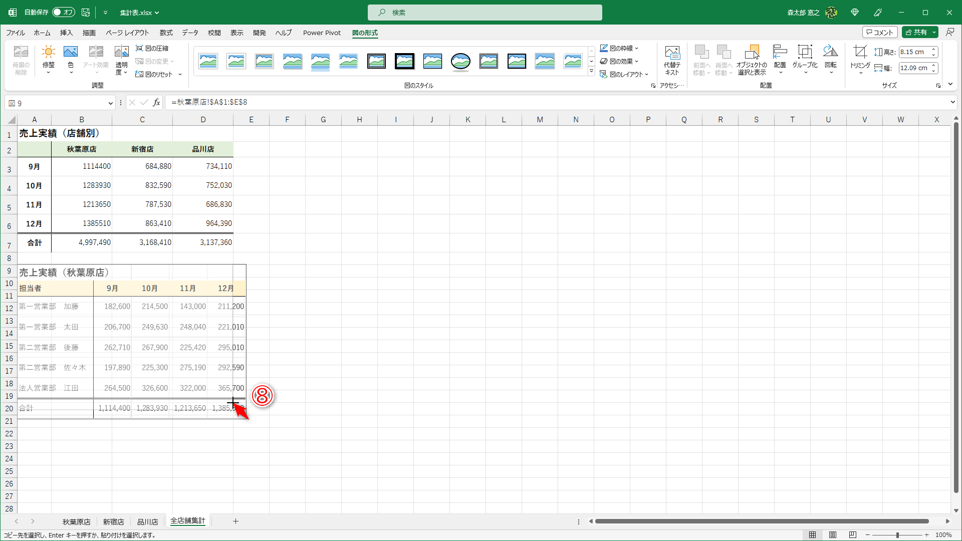 貼り付けた表は「図」として扱われるので、右下にマウスポインターを合わせてドラッグします（⑧）