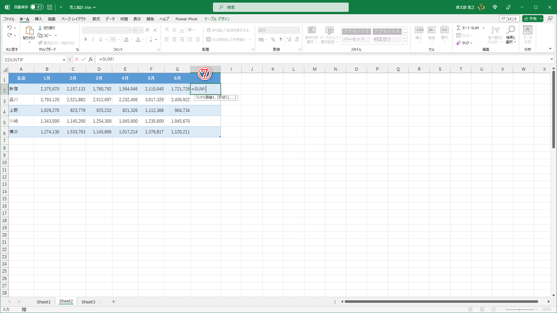セルH2に「=SUM(」と入力します（⑦）
