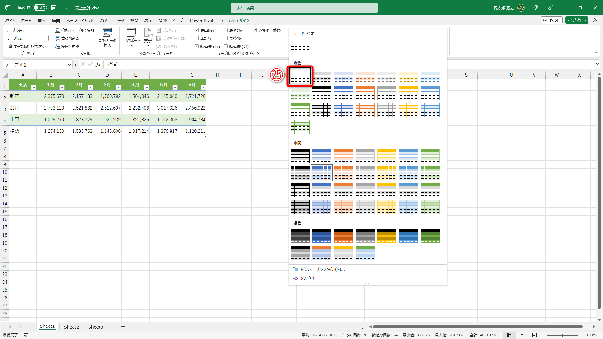 ［なし］（㉕）を選択すると、元の表のデザインを保ったままテーブルの機能が使えるようになります。