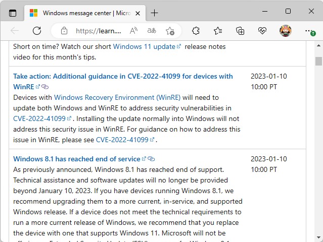 「Windows message center」におけるアナウンス