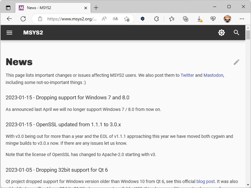 「MSYS2」開発チームからのアナウンス
