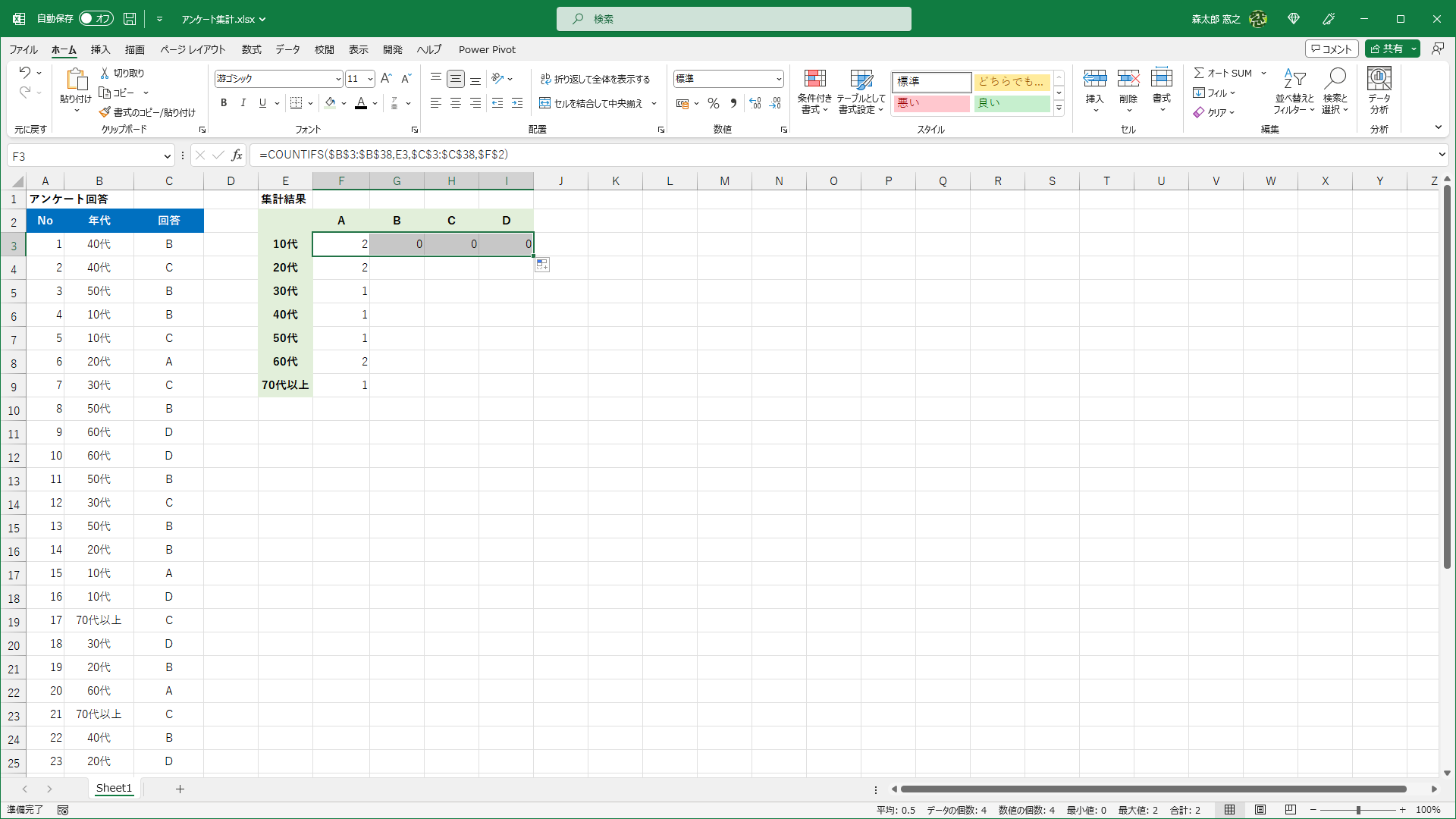 ほとんどの結果が「0」になってしまいました。数式を編集状態にして確認してみましょう