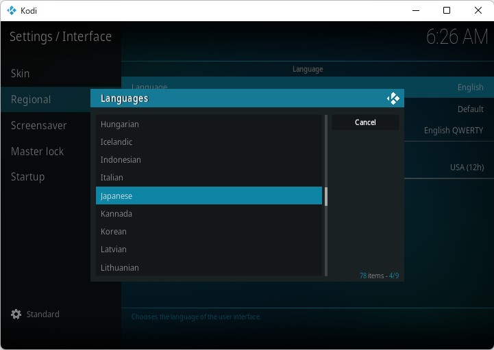 ［地域］（Regional）セクションで言語を日本語へ切り替え
