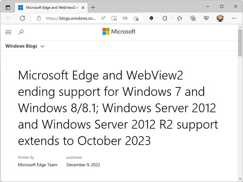 公式ブログ「Microsoft Edge Blog」におけるアナウンス
