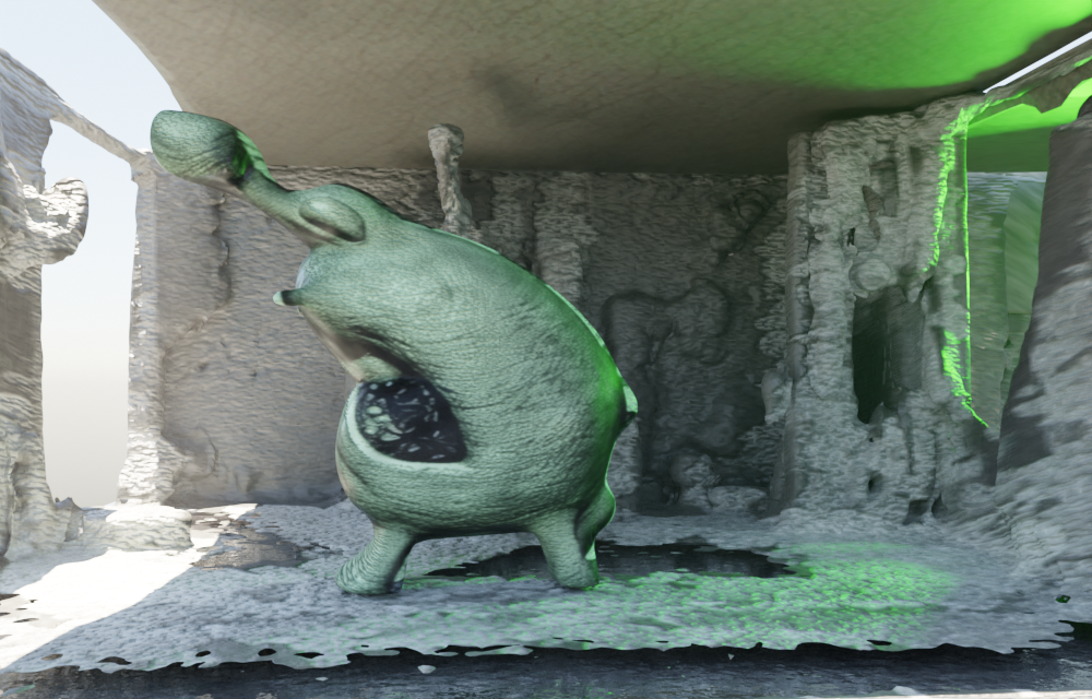 「DMT Meshes」と「Dream Texture」による廃墟と探検に来たエイリアン。廃墟は「Abandon Room」、エイリアンは「bird」で作成。どこが鳥？　と思っていたが、チキンレッグだこれ……