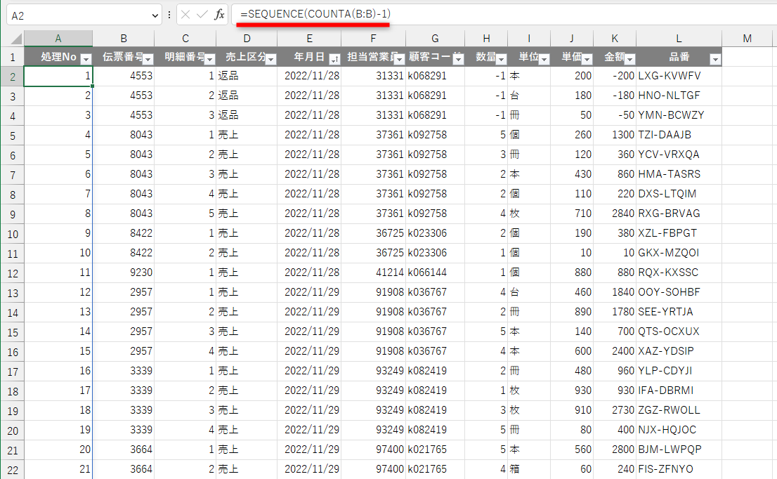 セルA2に「=SEQUENCE(COUNTA(B:B)-1)」と入力した。先ほど、COUNTA関数の結果は「1501」だったので、「COUNTA(B:B)-1」で、1～1500までの連番を生成できる