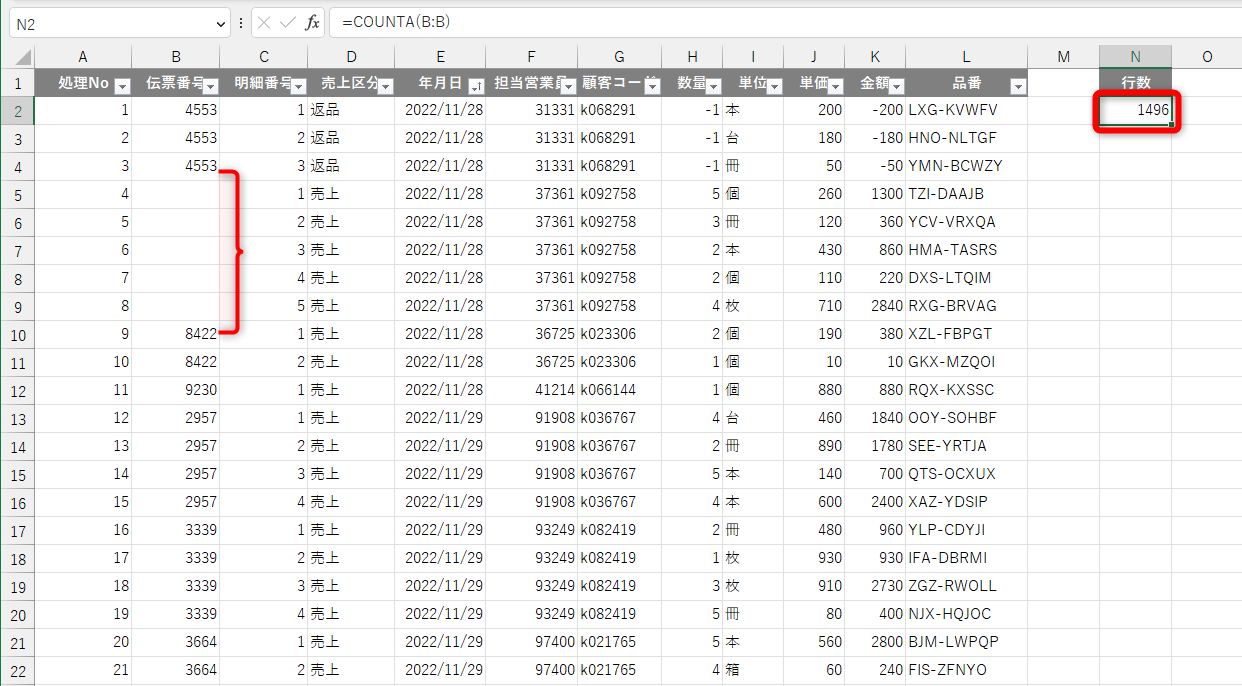 セルB5～B9のデータを消去した。COUNTA関数の結果は変わる