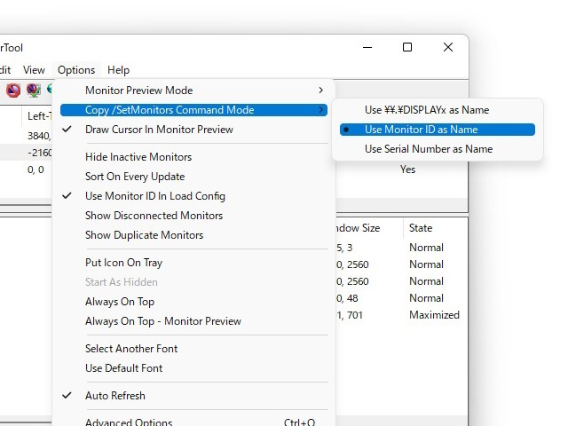 選択したモニターの設定を復元するコマンドをクリップボードへコピー