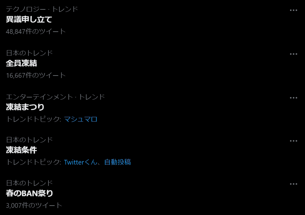 Twitterのトレンドに「凍結まつり」「全員凍結」といったワードがランクイン