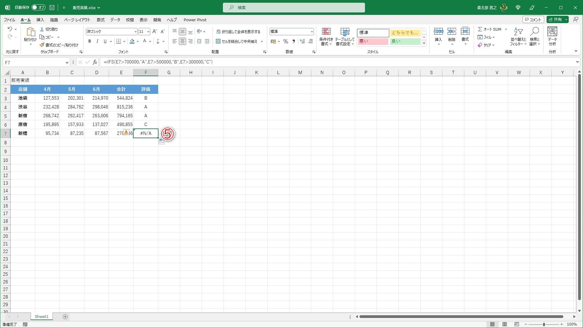 「TRUE」と［真の場合］（結果）を省略して、どの条件も満たさない場合は［＃N/A］エラーが表示されます（⑤）