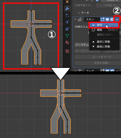 「メッシュオブジェクト」（①）をクリックして選択後、［モディファイアー］プロパティ－［スキン］モディファイアーのパネル内のリストから［適用］を実行