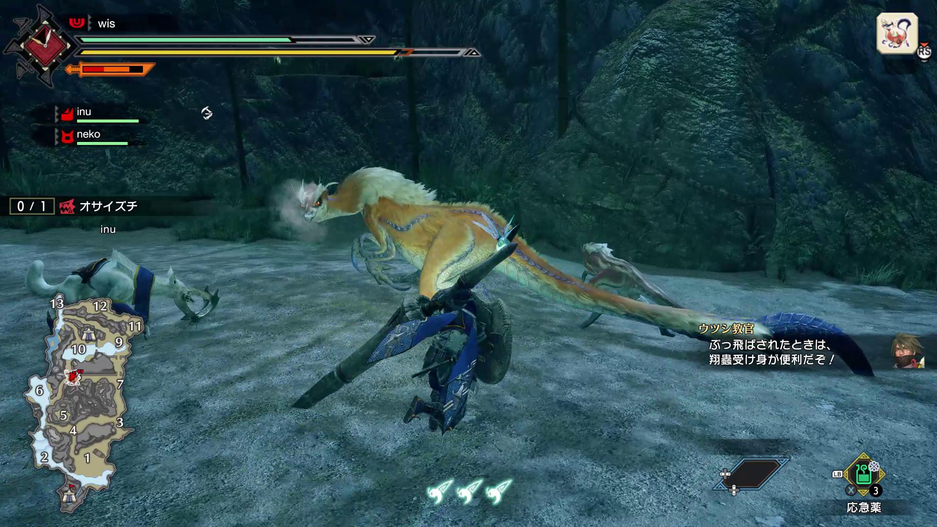 「オサイズチ」は長い尾を使った攻撃が特徴。攻撃後に大きな隙がある