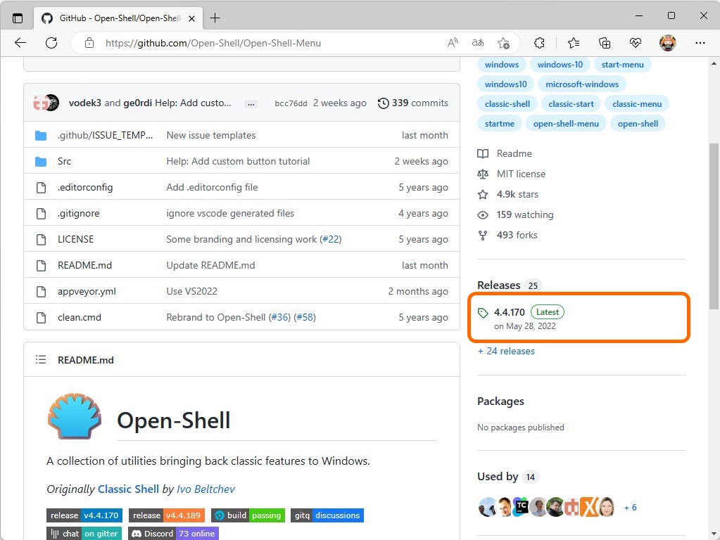 「Open-Shell」のプロジェクトページのサイドバーにある「Releases」セクションからダウンロードページへ