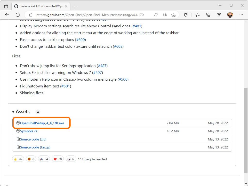 「OpenShellSetup_（バージョン番号）.exe」というファイルをダウンロードし、実行