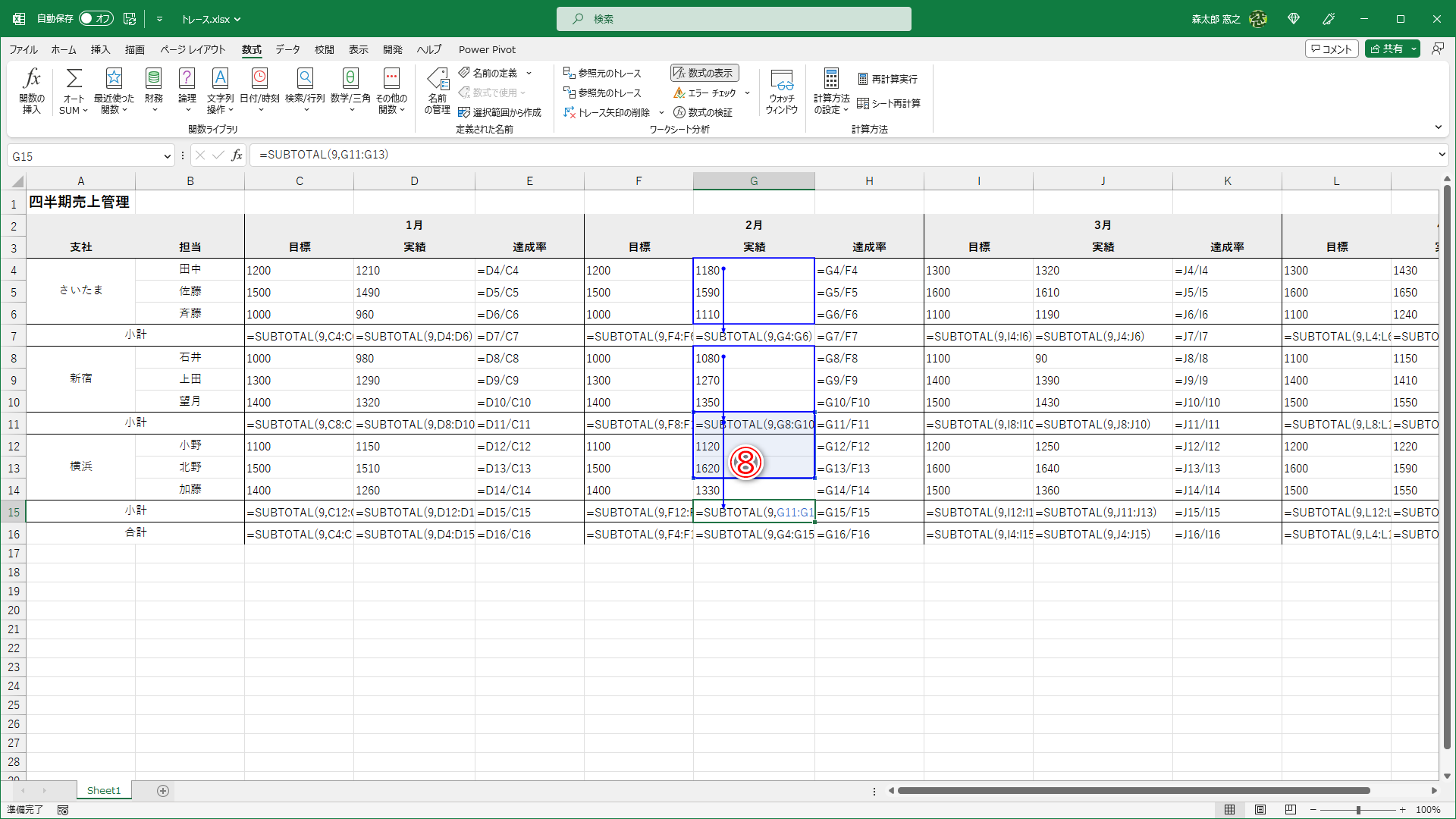 続けて、ほかのセルも確認します。間違ったセル参照を確認できました（⑧）