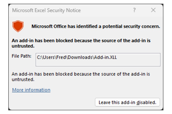 「Excel」のXLLアドインが既定でブロックへ