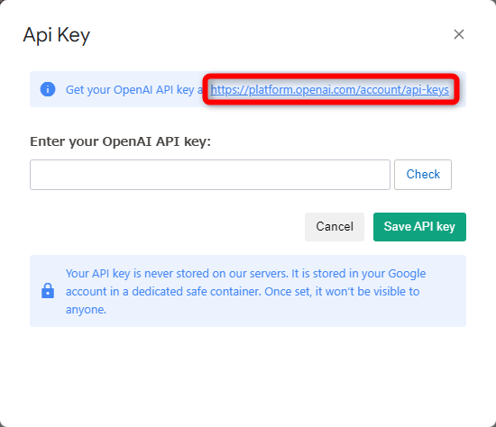 「Get your OpenAI API key at」のリンクをクリックする