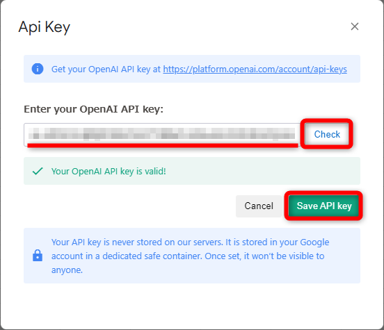 Google スプレッドシートのタブに戻り、APIキーを貼り付ける。［Check］をクリックして、APIキーを確認しておくと安心だ。APIキーは漏洩しないように厳重に管理しよう。［Save API Key］をクリックする