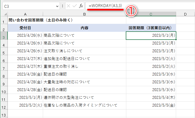 WORKDAY関数で土日を除く3営業日後を求めた例。セルC3に「=WORKDAY(A3,3)」と入力しています（①）