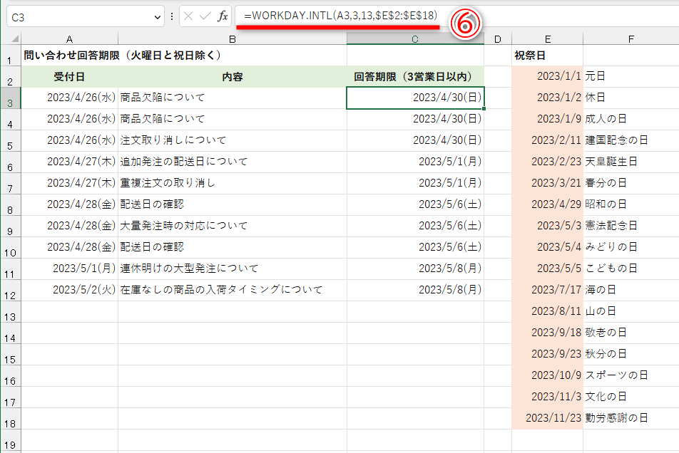 休日扱いとする日付と火曜日を除く3営業日後を求めた例。［週末］に指定する値は「13」です。セルC3に「=WORKDAY.INTL(A3,3,13,$E$2:$E$18)」と入力しています（⑥）