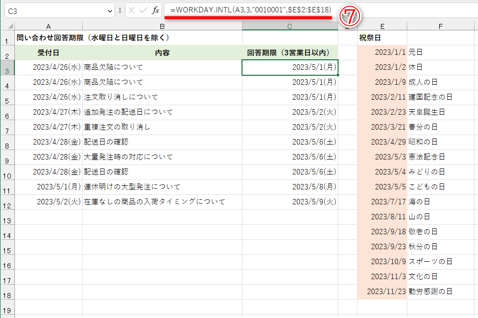 水曜と日曜を除く3営業日後を求めた例。［週末］には「"0010001"」と指定します。値の先頭を月曜として、水曜にあたる3番目と日曜にあたる7番目を「1」とします。セルC3に「=WORKDAY.INTL(A3,3,"0010001",$E$2:$E$18)」と入力しています（⑦）