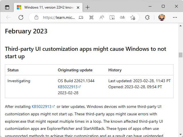 「Windows release health」におけるアナウンス