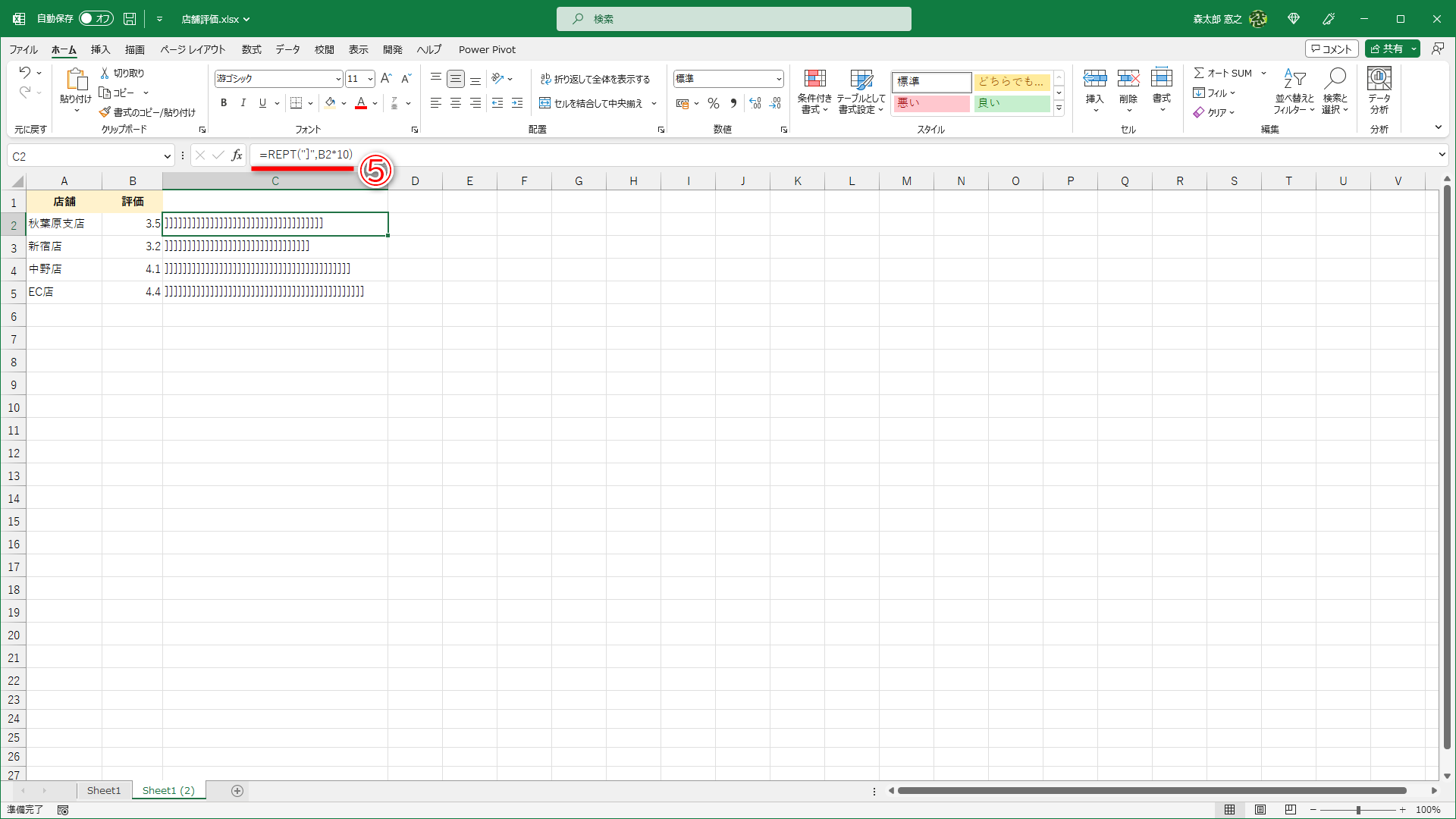 評価対象の数値を10倍して「]」で表現しました。セルC2の数式は「=REPT("]",B2*10)」です（⑤）