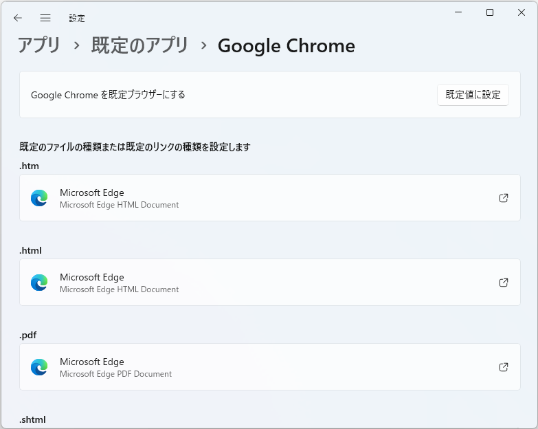 「Google Chrome」の「既定のアプリ」設定ページ。一部アプリだけ、ワンボタンでデフォルトアプリ化できるようになっている。「ピン留め」の設定も導入されるようだ