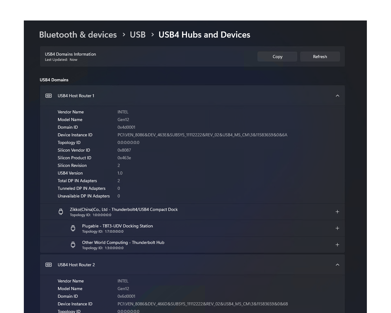 「設定」アプリの［Bluetooth とデバイス］セクションに追加されたUSB4ハブとデバイスのページ