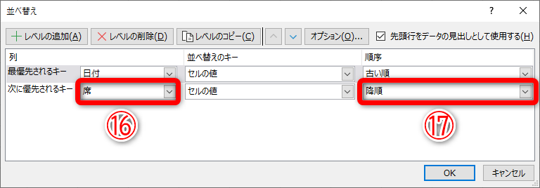［日付］列は昇順（古い順）（⑯）、［席］列は降順（⑰）としました