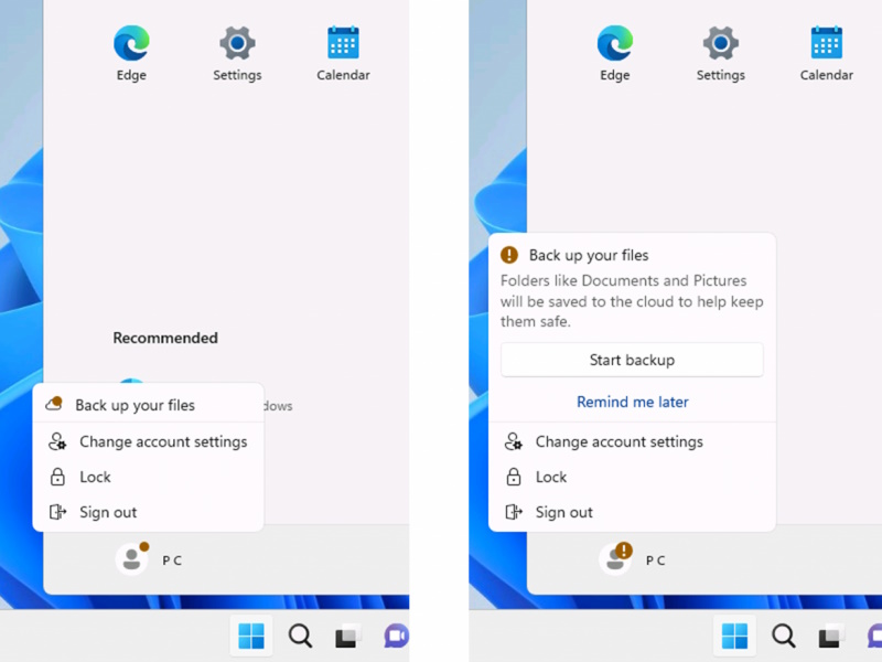 ［スタート］画面のプロファイル画像にバックアップを促す通知などが表示される。フィードバックを募るため、数種類のデザインがテストされるようだ（スクリーンショットはプレビュー版「Windows 11」のもの）