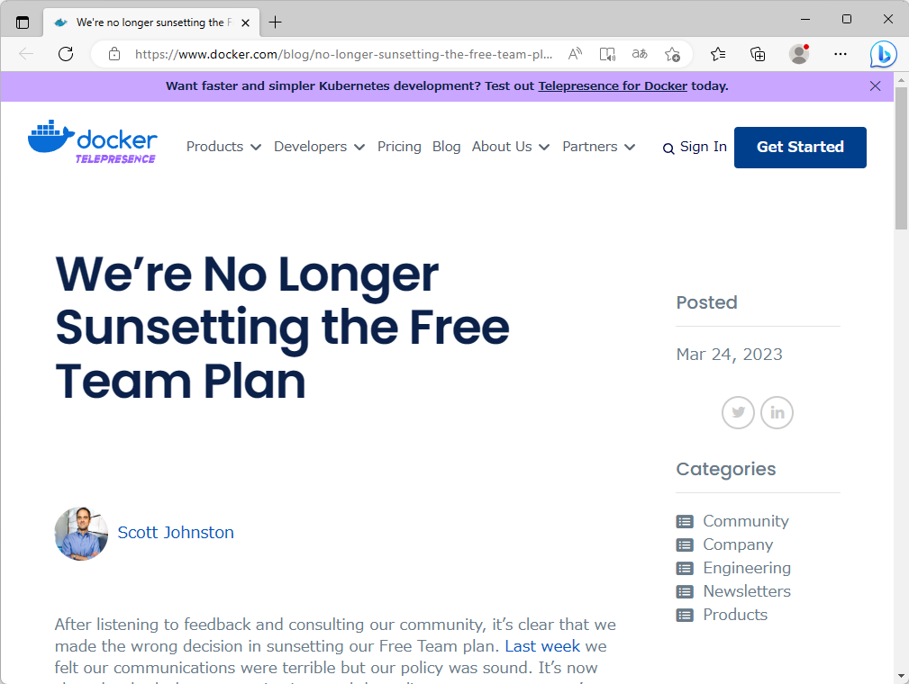 Docker、「Docker Free Team」プランを継続すると発表