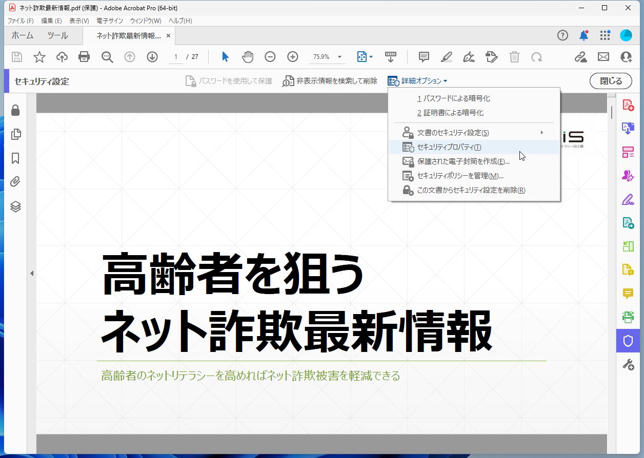 第2ツールバーの［詳細オプション］から［セキュリティプロパティ］を開く
