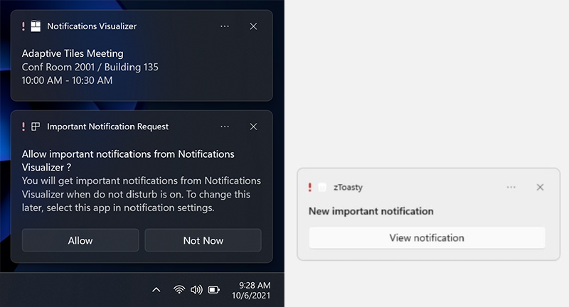 「応答不可モード」を貫通する「重要な通知」（左）。内容が露出してしまうことを防止するため、ボタンのクリックを挟む仕様となった（右）