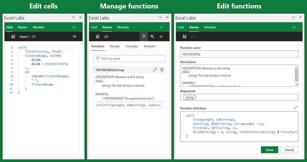 セルの編集、関数の管理、関数の編集という3つの機能を1つに
