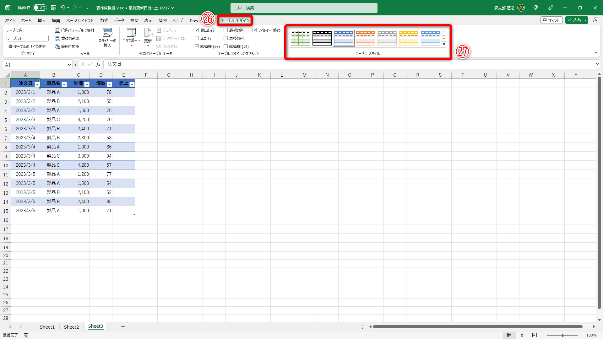 表がテーブルに変換されました。テーブル内のセルを選択中は［テーブルデザイン］タブ（㉖）が表示されます。また、デザインは［テーブルスタイル］（㉗）から変更可能です