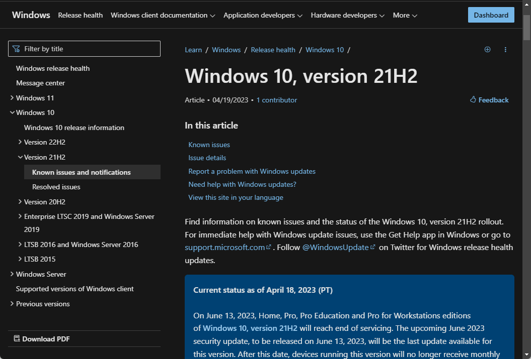 Windows 10 バージョン 21H2のサービス終了は6月13日