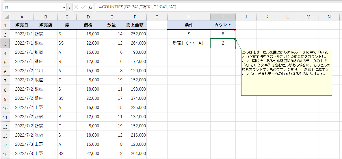 「"」で囲んだ文字列が含まれるCOUNTIFS関数の回答例