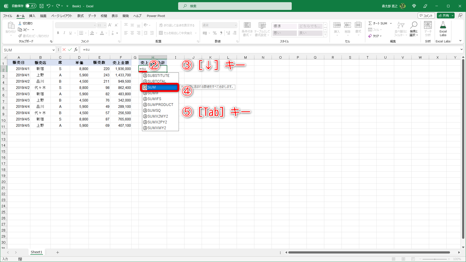 「=su」と入力（②）すると関数の候補がリストで表示されます。［↓］キーを押して（③）［SUM］を選択（④）して［Tab］キーを押します（⑤）