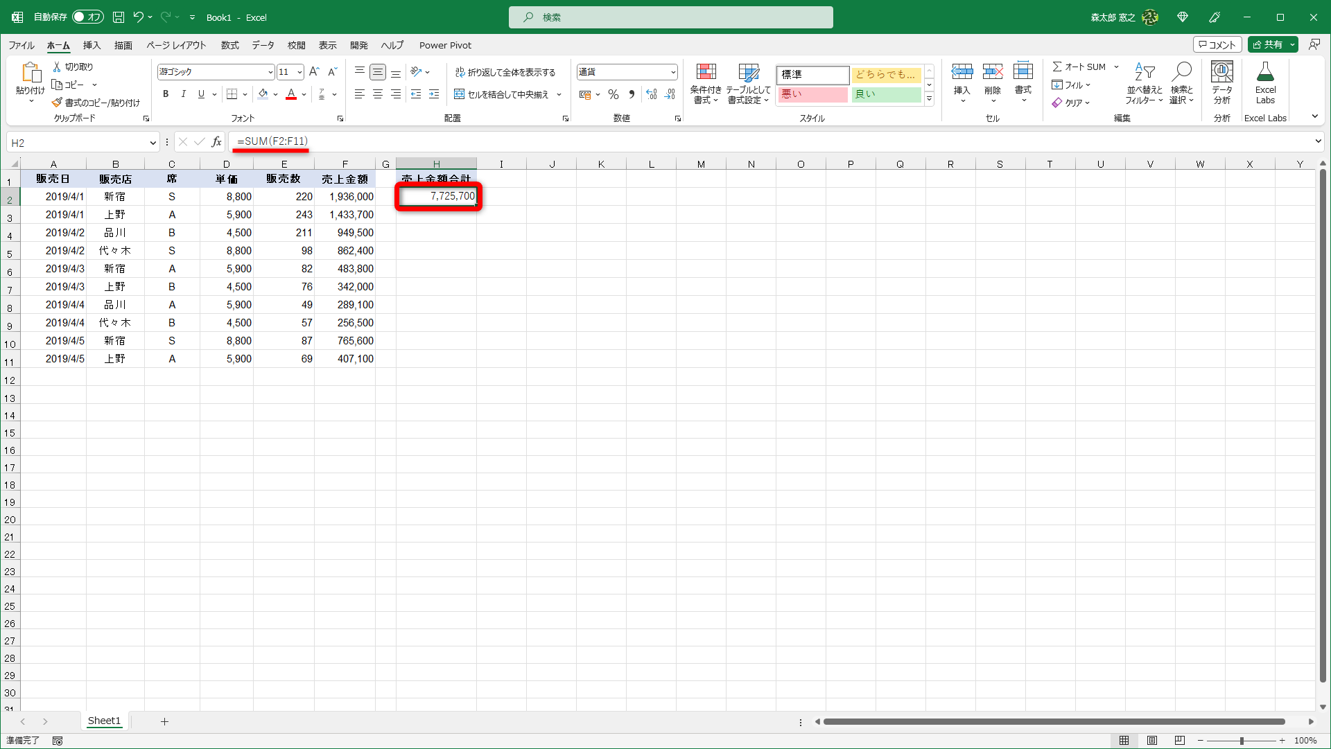 SUM関数を入力できました