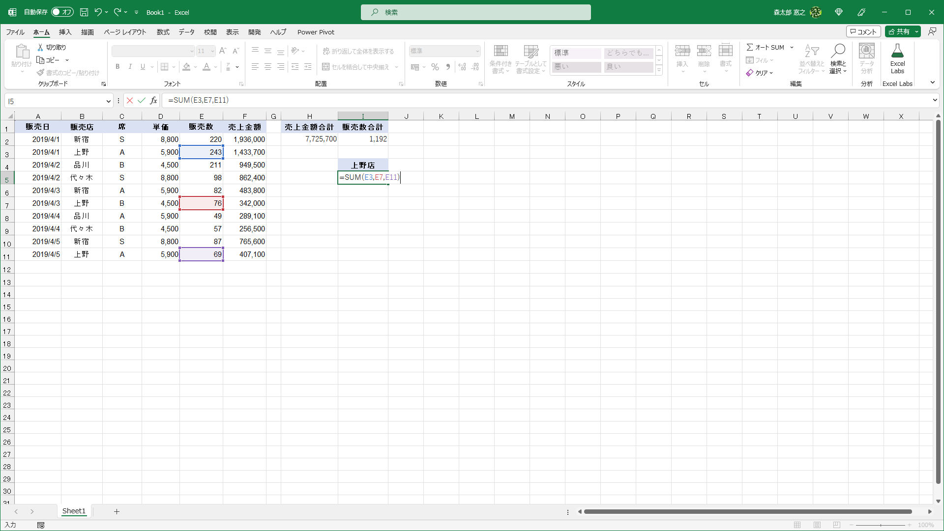 指定可能な条件があるなら、SUM関数ではなくSUMIF/SUMIFS関数を利用しましょう