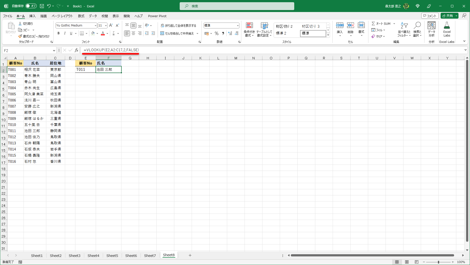 顧客Noから氏名を取り出すVLOOKUP関数の数式「=VLOOKUP(E2,A2:C17,2,FALSE)」をセルF2に入力しました。セルE2には［検索値］にする値を入力してあります。［範囲］はセルA2～C17です。［範囲］のうち、氏名は2列目にあるので［列番号］は「2」としています。顧客Noと完全に一致する値を探すため［検索の型］は「FALSE」となります。