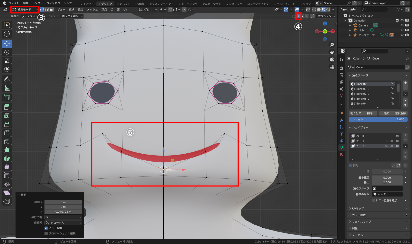 ［オブジェクトモード］（①）にして［シェイプキー］パネルの［＋］（②）で新規シェイプキーを追加。［編集モード］（③）で3Dビューポート右上の「ちょうちょ」アイコンの隣の［X］（④）をクリックして左右対称編集にした後、口を編集（⑤）
